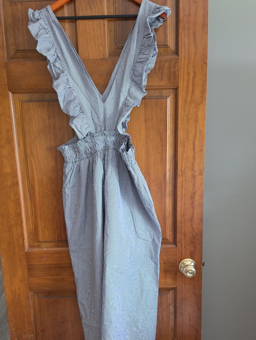 Women's Navy Blue Ruffle-Trim V-Neck Jumpsuit